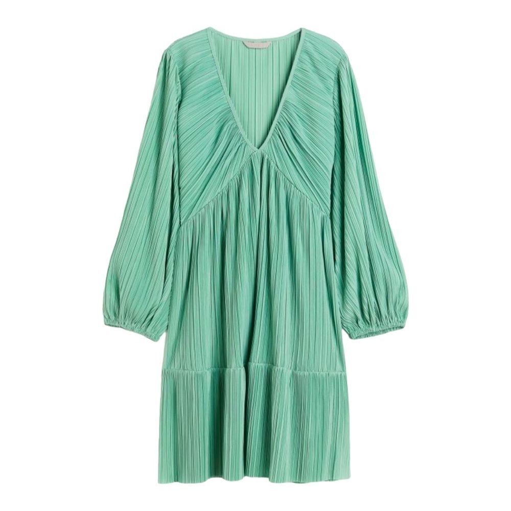H&M Green Pleated Jersey Balloon-sleeved Dress sz M